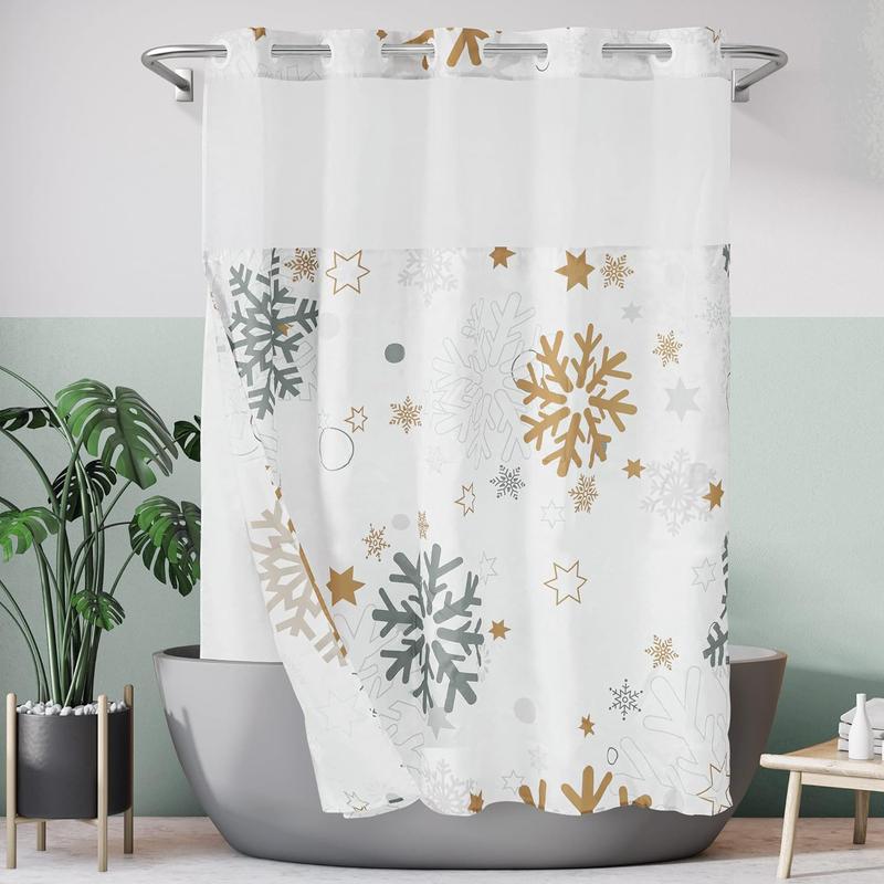 ALYVIA SPRING No Hook Snowflake Shower Curtain with Snap-in Liner - Winter Shower Curtain for Bathroom, Hotel Style with Mesh Top Window, Machine Washable, 71x74