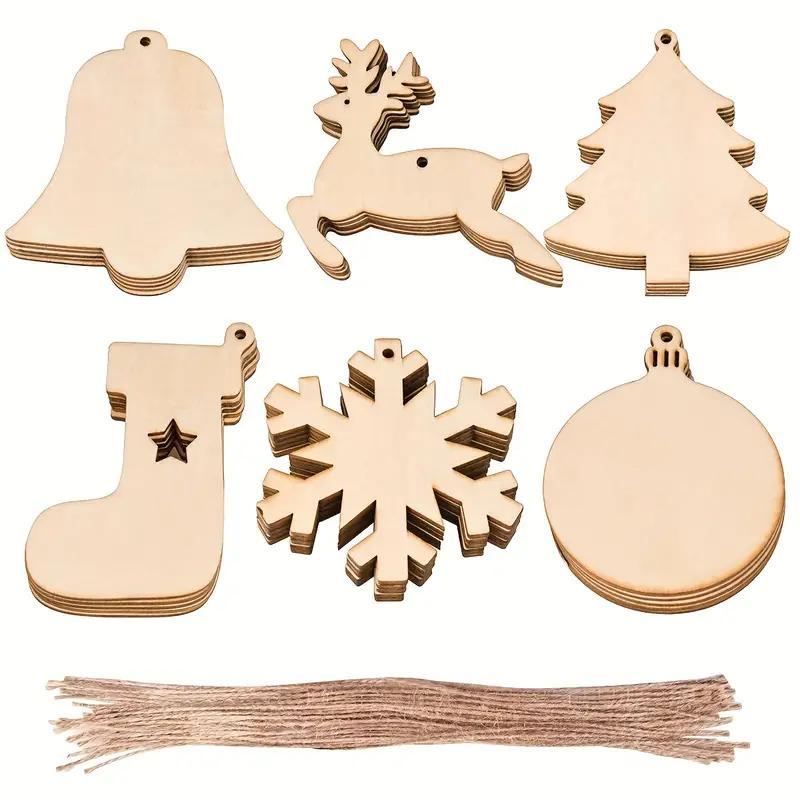 Wooden Christmas Ornament, 120pcs set Christmas Tree & Bell & Reindeer & Stocking & Snowflake & Round & Rope Hanging Ornament, DIY Wooden Crafts