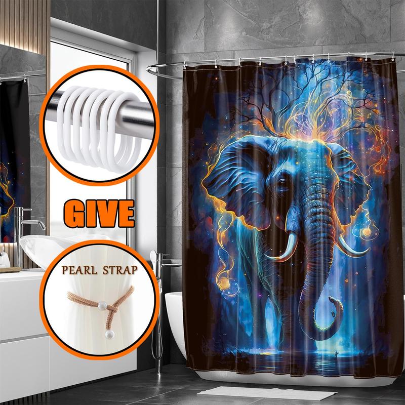 Elephant Print Bath Curtain with Hooks, 1 Count Modern Waterproof Shower Curtain with 1 Count Random Color Curtain Strap, Bathroom Accessories for Decor