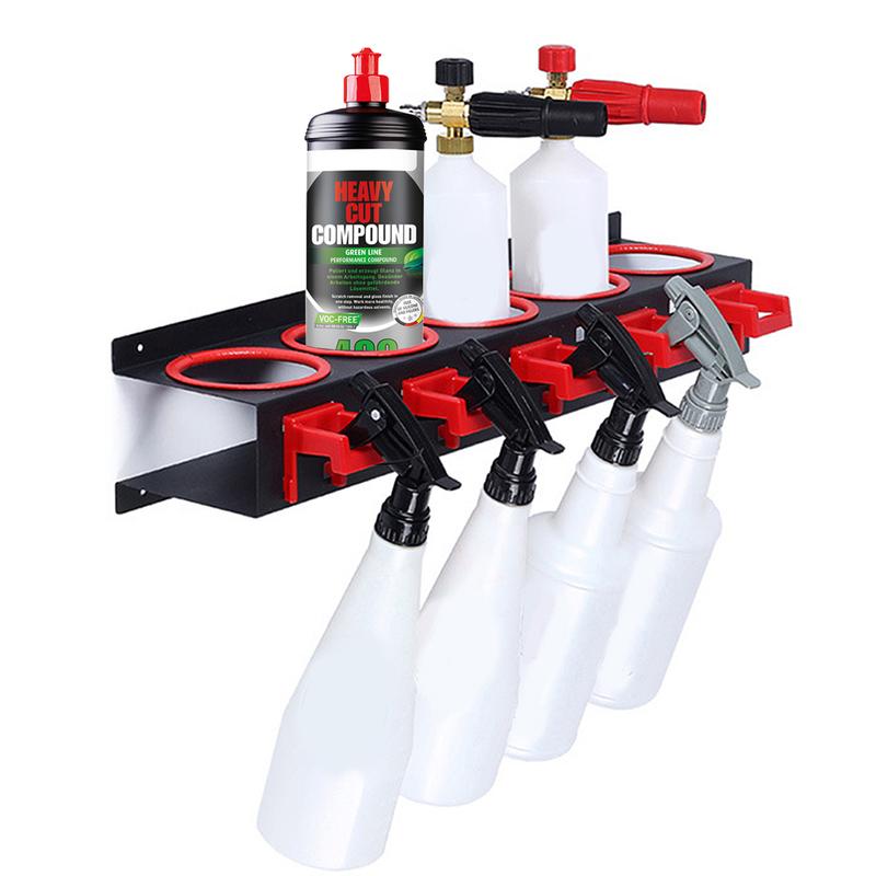 Spray Bottle Storage Rack,Spray Bottle Holder,Wall-mounted Garage Bottle Organizer with 5 Plastic Hanging Hooks Cleaning Detailing Tools Hanger,Abrasive Material Hanging Rail Car Beauty Shop Accessory