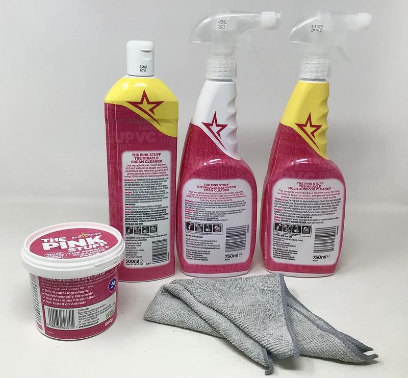 The Pink Stuff Bundle: Miracle Cleaning Paste, Multi-Purpose Spray, Cream Cleaner, Bathroom Foam, and Microfiber Cloth – Your Ultimate Cleaning Solution!