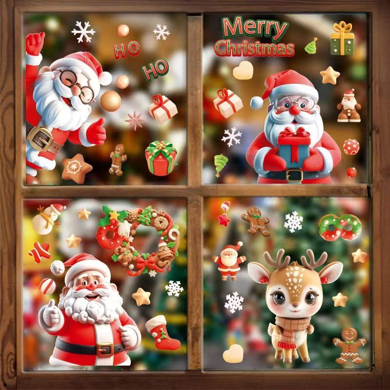 Christmas Themed Window Sticker, 9 Sheets set Cute Cartoon Pattern Window Decal, Decorative Sticker for Home Party Festival