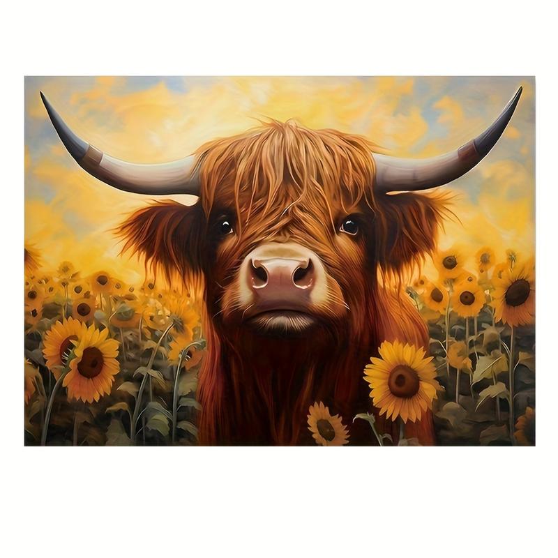 Vibrant Highland Cow & Sunflowers Artwork - Frameless Canvas Print with Warm Colors, Nature-Inspired, Perfect for Living Room, Bedroom, or Home Office Decor, Adds Cozy Touch to Any Space