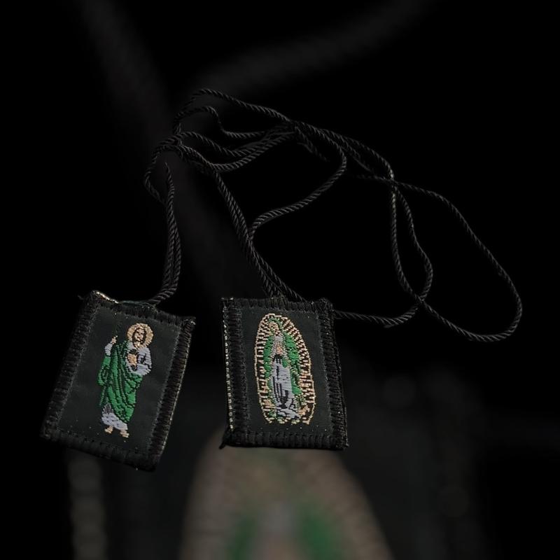 Religious escapulario in black with Saint Jude and Virgin Mary of Guadalupe