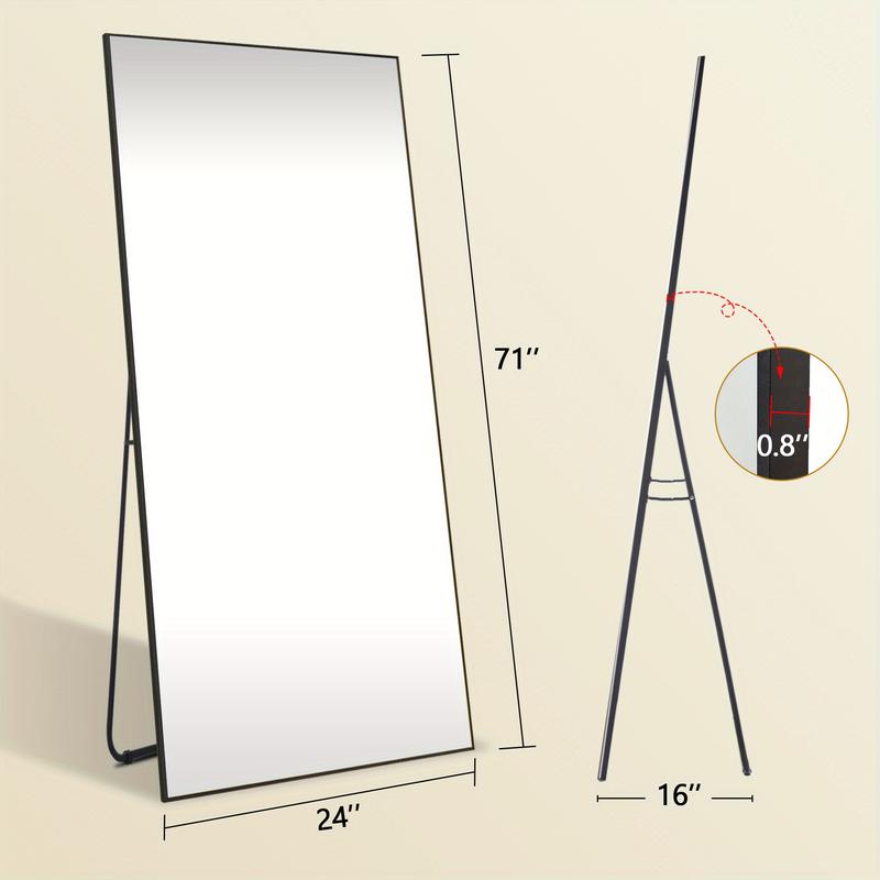 Full-Length Mirror with Aluminum Alloy Frame, Floor Mirror with HD Mirror Surface, Wall Mirror Free-Standing Hanging, Right-Angle Full Body Mirror with Stand for Living Room, Cloakroom, Hallway, Black, Gold, Size: 64