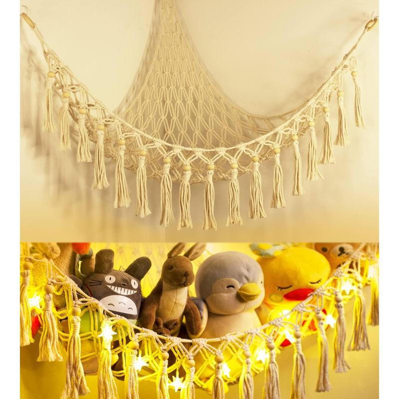 Stuffed Animal Toy Storage Hammock with LED Light - Macrame Jumbo Doll Corner Stuff Animals Organizer Decorations - Cute Hanging Plushie Net Nursery Bedroom Room Decor Wall Boho Mount Traditional Ornaments Hangable