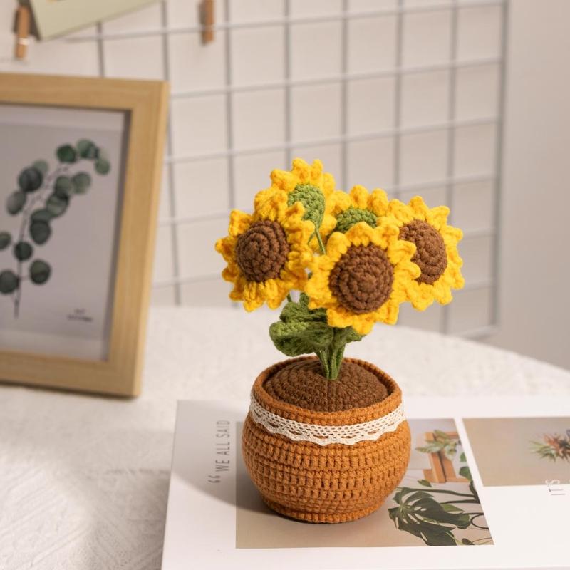 Crochet Sunflower Potted Plant, 1 Count Cute Creative Handmade Knitting Positive Energy Ornament, Home Decor for Living Room Bedroom Office