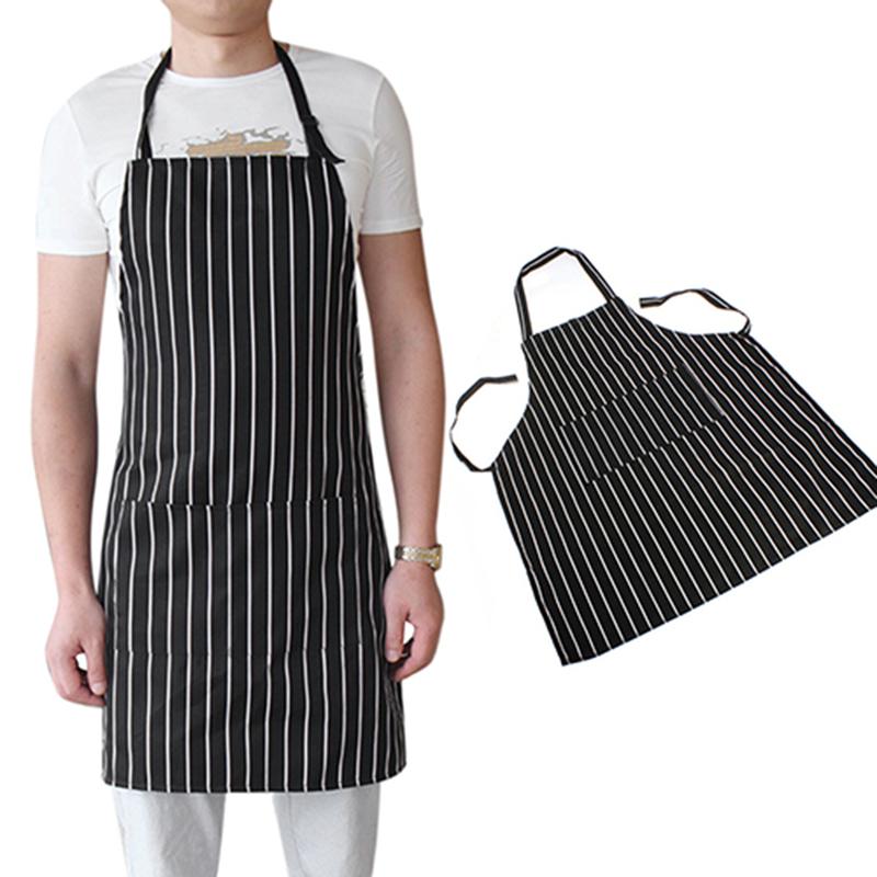 Adjustable Adult Black Stripe Bib Apron With 2 Pockets Chef Waiter Kitchen Cook