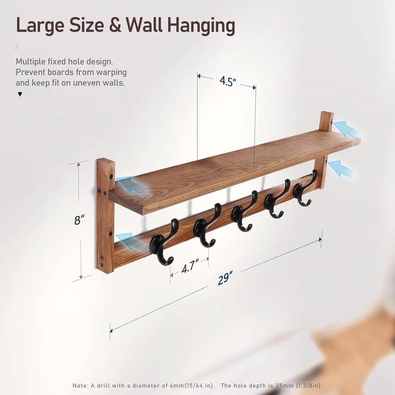 29'' Coat Rack Wall Mount with Shelf, Wood Wall Hooks with Storage, Entryway Shelf with 5 Hangers for Bathroom, Living Room, Bedroom