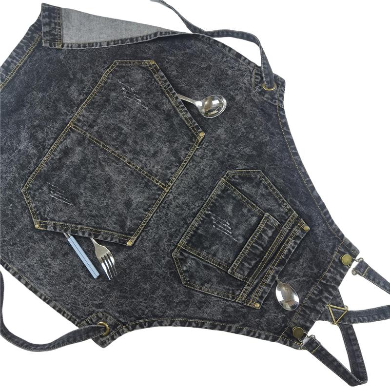 Denim Apron with Pockets, Cross Straps & Adjustable Apron, Work Apron for Hair Stylist Gardening Craftsmen Barista Women Hairdresser