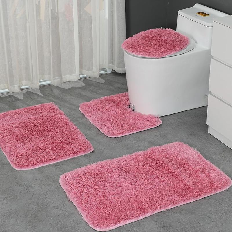 Bathroom Rug Sets 4 Piece Non Slip, Toilet Lid Cover and Contour Mat, Bath Mats Shower Mats Bath Rug Mat for Tub Toilet Bathroom (Pink, 4 Pieces) Absorbent Basin