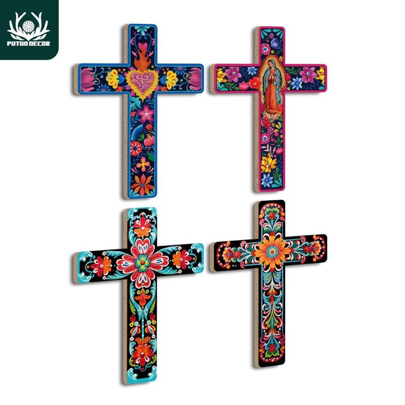 Crucifix Wood Wall Decor, 1 Count Wooden Wall Mounted Cross for Home Farmhouse Church Living Room, Home Bedroom Decor