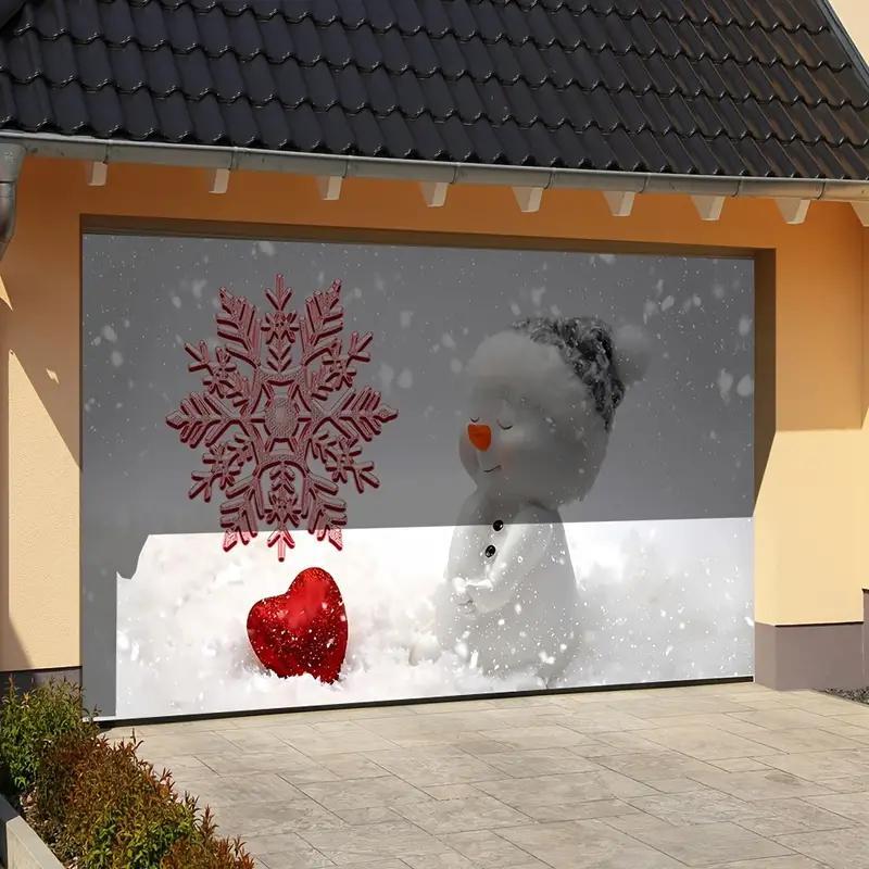 Cute Snowman & Snowflake Pattern Garage Door Cover, Waterproof & Windproof Garage Door Banner, Festive & Party Supplies for Outdoor Holiday Decorations