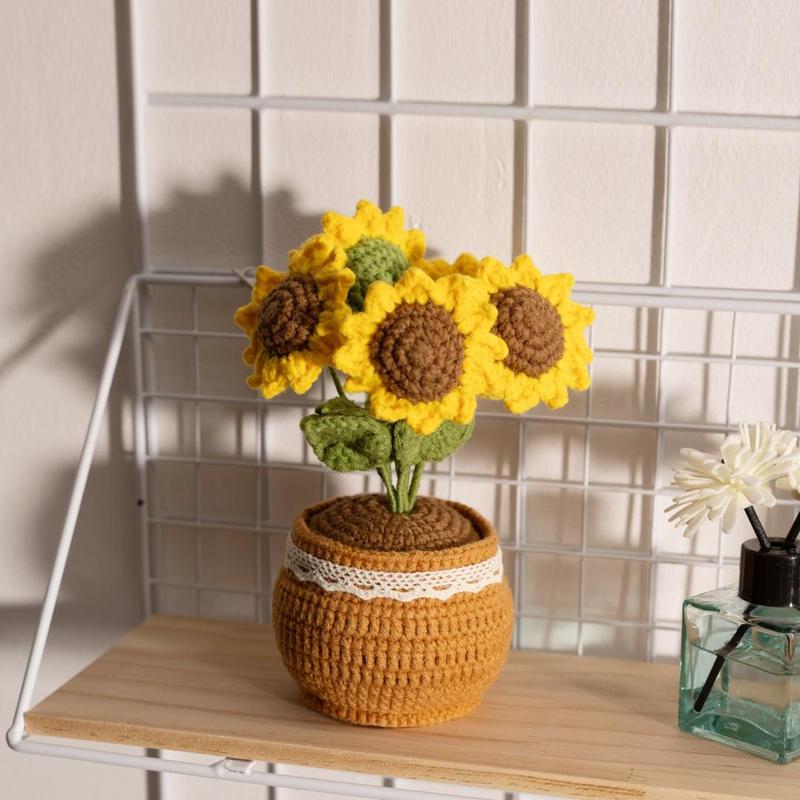 Crochet Sunflower Potted Plant, 1 Count Cute Creative Handmade Knitting Positive Energy Ornament, Home Decor for Living Room Bedroom Office