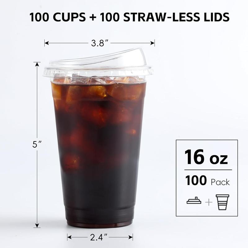 100 Sets of 16 oz Crystal Clear Plastic Cups With Strawless Sip-Lids, BPA Free Disposable Plastic Cups with Lids, To Go Cups for Iced Coffee, Smoothies, Party Drinks, Bubble Tea, Cold Beverage.