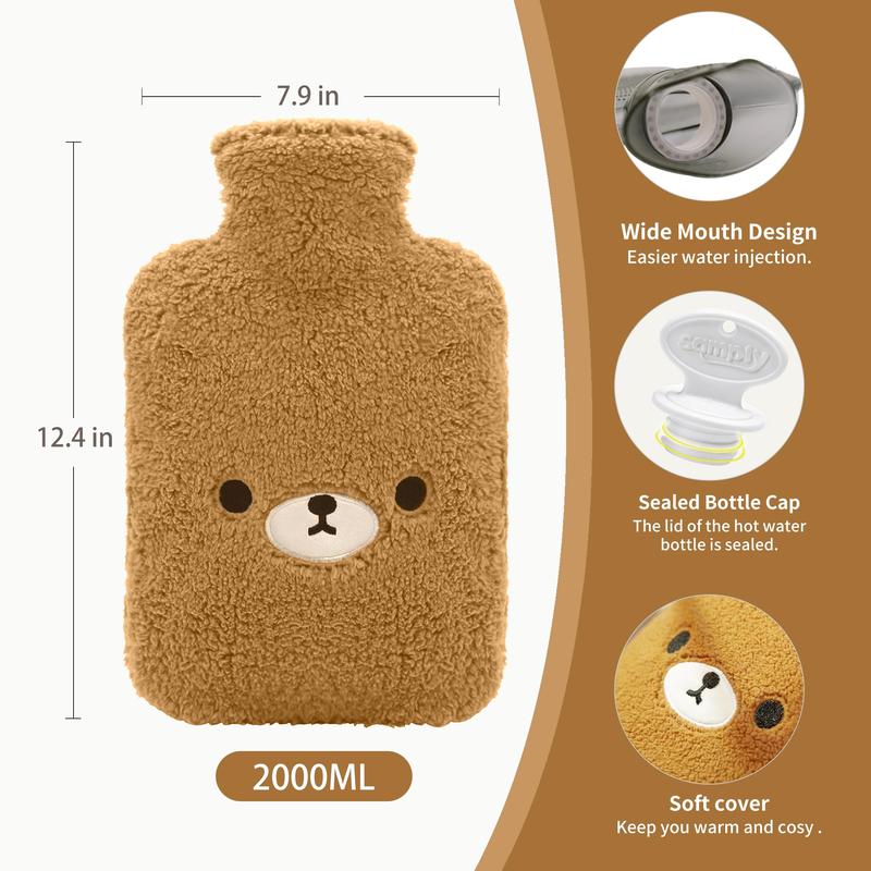 Hot Water Bottle with Cute Fleece Cover, 2Liter Water Bag for Hot and Cold Compress, Hand Feet Warmer, Neck and Shoulder Pain Relief, Brown Bear