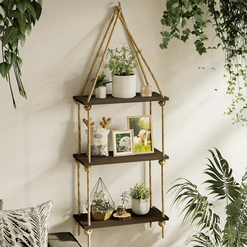 Wooden Hanging Shelf, Boho Style Hanging Shelves, Simple Creative Storage Rack for Living Room, Bedroom, Bathroom, Nursery