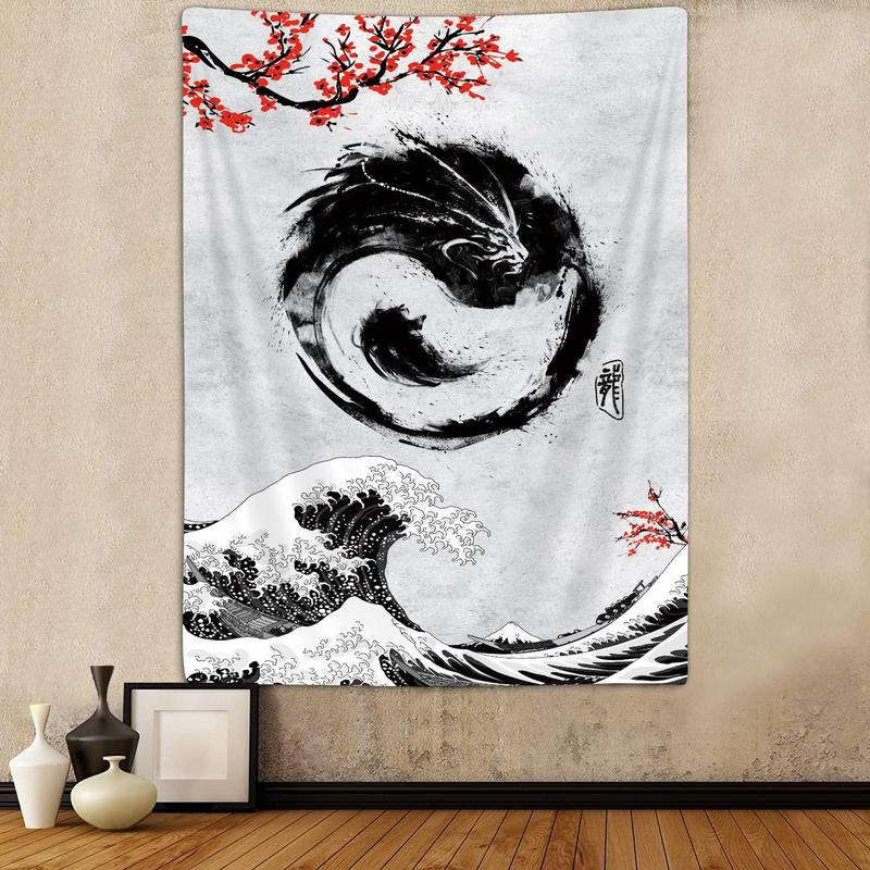 Japanese Yin Yang Koi Fish Tapestry, Cool Red and Black Anime Sakura Art Tapestries Vertical Wall Hanging for Men Bedroom Living Room Office Decor 40X60