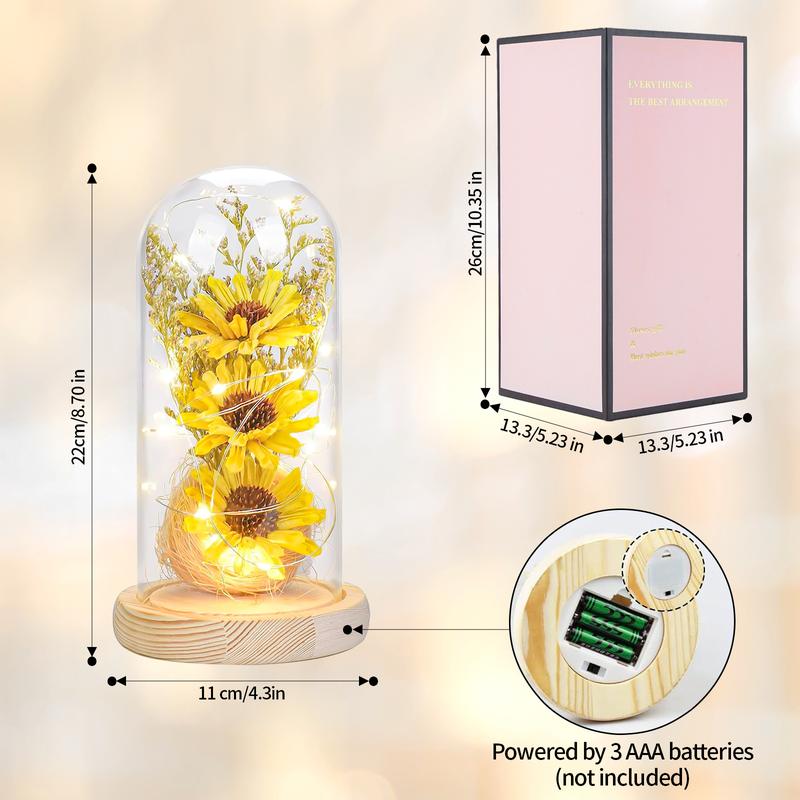 Christmas Everlasting Sunflower in Glass Dome withLight, Artificial Sunflowers in Glass Dome with LED Strip, Home Decor Plants Flowers, Valentine's Day, Christmas, Thanksgiving, Birthday Decorative Ornaments Boxes 2024 Fall GiftsFall Decor Decoration