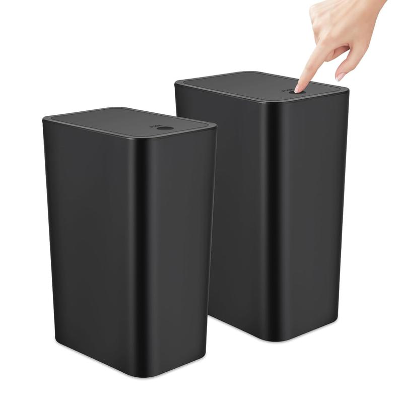 2 Pack Bathroom Trash Can with Lid, 2.6 Gallon   10 Liter Small Garbage Can with Press Top Lid, Plastic Wastebasket with Pop-up Lid for Toilet, Office, Bedroom, Living Room, Black