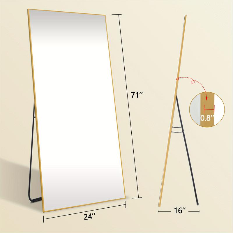 Full-Length Mirror with Aluminum Alloy Frame, Floor Mirror with HD Mirror Surface, Wall Mirror Free-Standing Hanging, Right-Angle Full Body Mirror with Stand for Living Room, Cloakroom, Hallway, Black, Gold, Size: 64