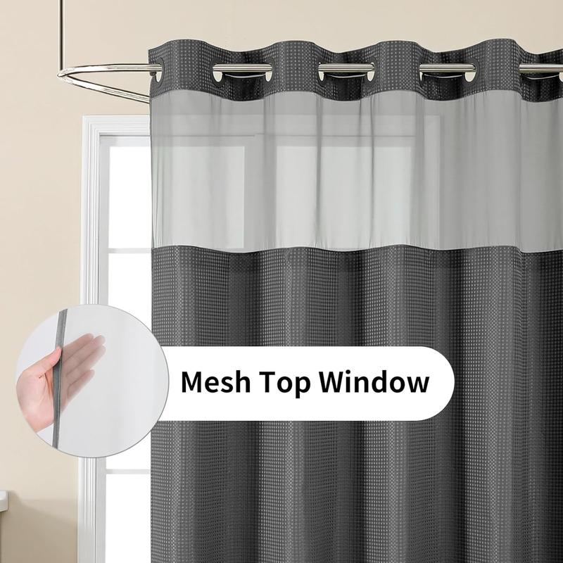 No Hook Shower Curtain with Snap in Fabric Liner, Waffle Heavy Duty Thick Shower Curtains with Mesh Top Window, Hotel Style Waterproof Bathroom Curtain Set, 72'' x 75'', Charcoal Grey