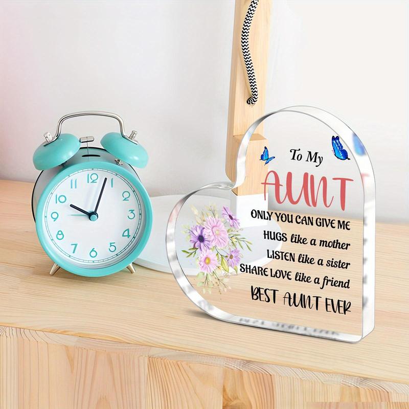 Heart Shaped Acrylic Ornament, 1 Count Letter & Flower Pattern Desktop Ornament, Best Aunt Ever Gift, Birthday Gift for Aunt, Home Decor