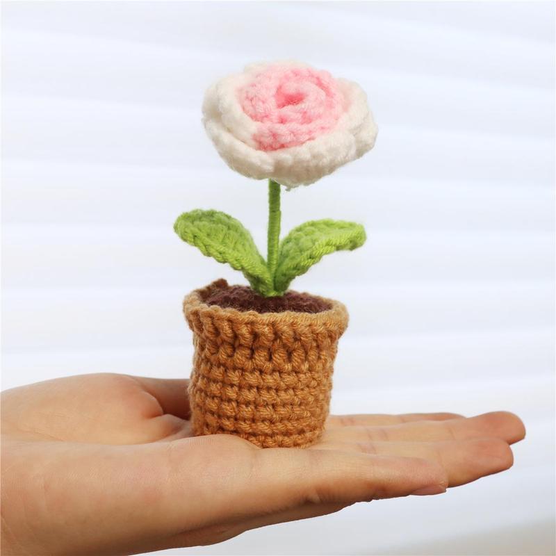 Mini Handmade Crochet Rose Knitted Potted Plant, 3 Counts set Cute Artificial Flower Decor, Decorative Plants for Home Office Car