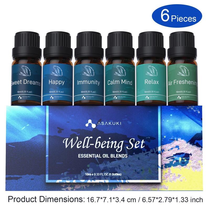 ASAKUKI Essential Oil Set for Diffusers Humidifier, Well-being Gift Kit 6 Flavors - Calming, Dreams, Breathe, Relaxing, Mood, Fresh Air Aromatherapy Oils for Humidifiers (10ml*6) (Two Packages Are Shipped Randomly)