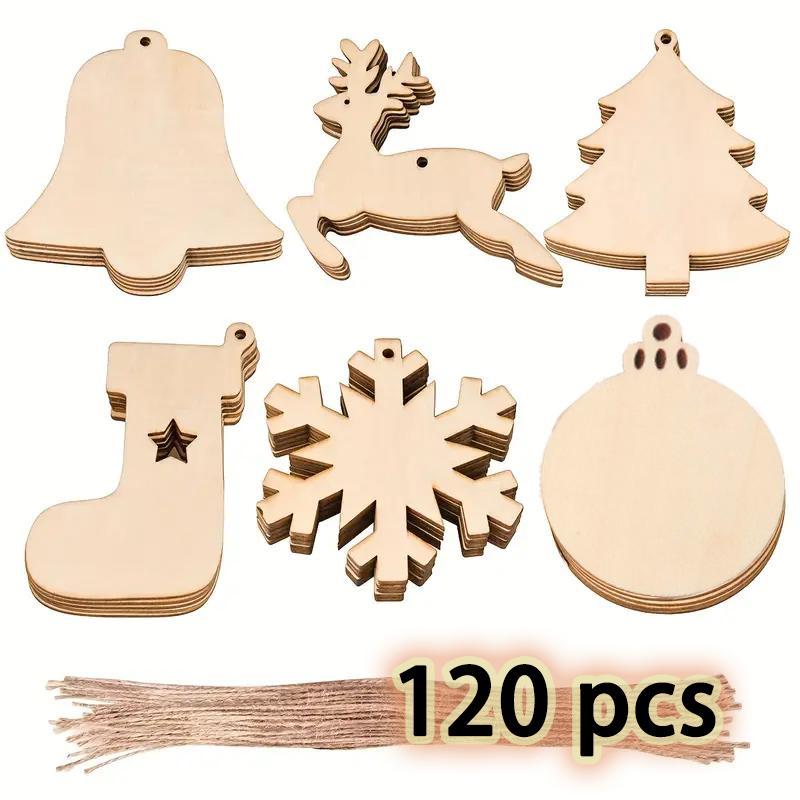 Wooden Christmas Ornament, 120pcs set Christmas Tree & Bell & Reindeer & Stocking & Snowflake & Round & Rope Hanging Ornament, DIY Wooden Crafts