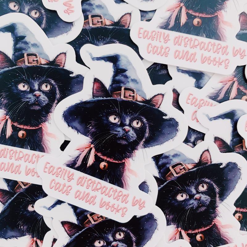 Witchy cat sticker- Easily distracted by books and cats