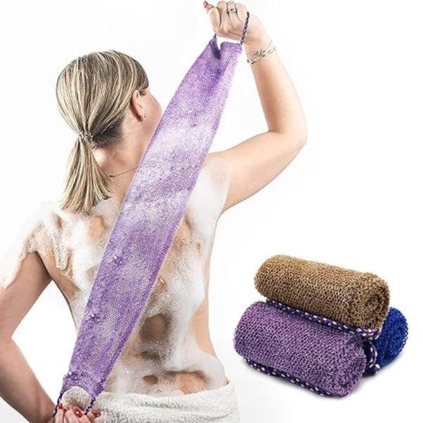 3 Pieces African Exfoliating Net Sponge, African Bathing Back Scrubbers, Shower Net Body Scrubber with Pull Strap (Blue Purple Coffee)