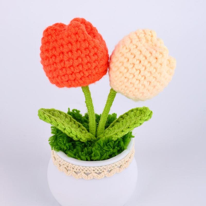 Crochet Tulip Flower, Artificial Woven Flower Plant, Home Decor Supplies for Living Room, Bedroom, Office Desk, Bookshelf, Window, Table