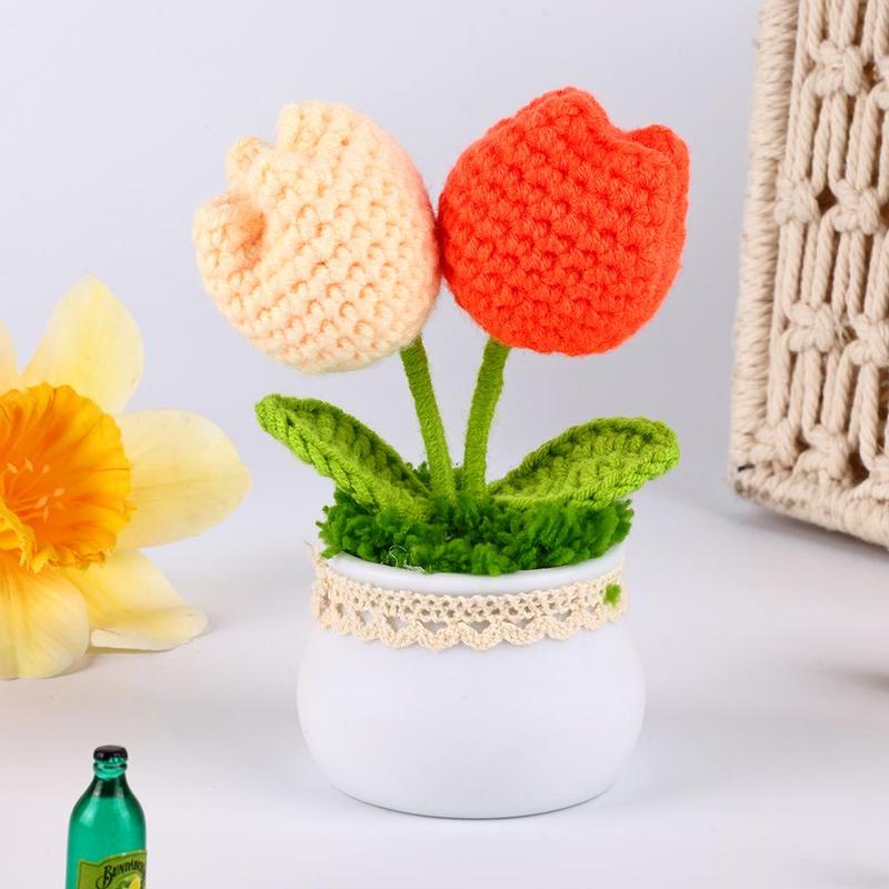 Crochet Tulip Flower, Artificial Woven Flower Plant, Home Decor Supplies for Living Room, Bedroom, Office Desk, Bookshelf, Window, Table