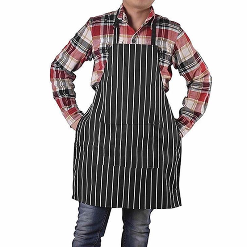 Adjustable Adult Black Stripe Bib Apron With 2 Pockets Chef Waiter Kitchen Cook