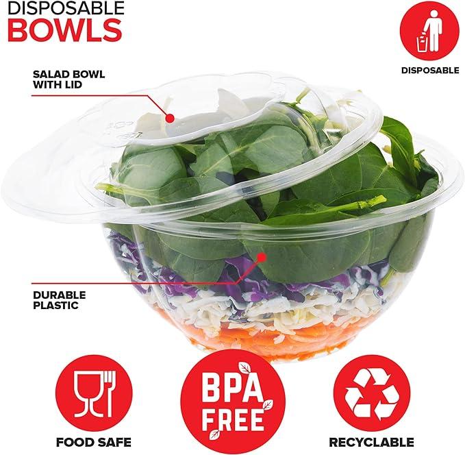 AISOON 50-Pack Clear Plastic Salad Bowls with Snap-On Lids, Ideal for Fruit, Quinoa, Meal Prep, Acai Bowls, and To-Go Party Containers