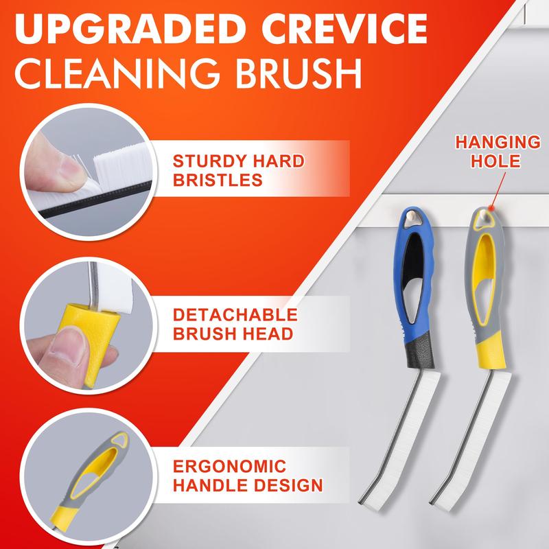 2 Pcs Hard Bristle Crevice Cleaning Brushes with 4 Pcs Replacement Brush Heads, Gap Cleaning Brush, Multi-Purpose Crevice Cleaning Tools for Household Use - Kitchen Bathroom Crevice Brush