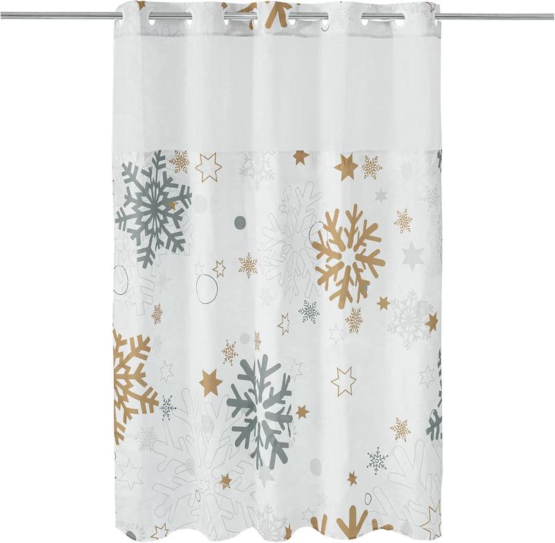 ALYVIA SPRING No Hook Snowflake Shower Curtain with Snap-in Liner - Winter Shower Curtain for Bathroom, Hotel Style with Mesh Top Window, Machine Washable, 71x74