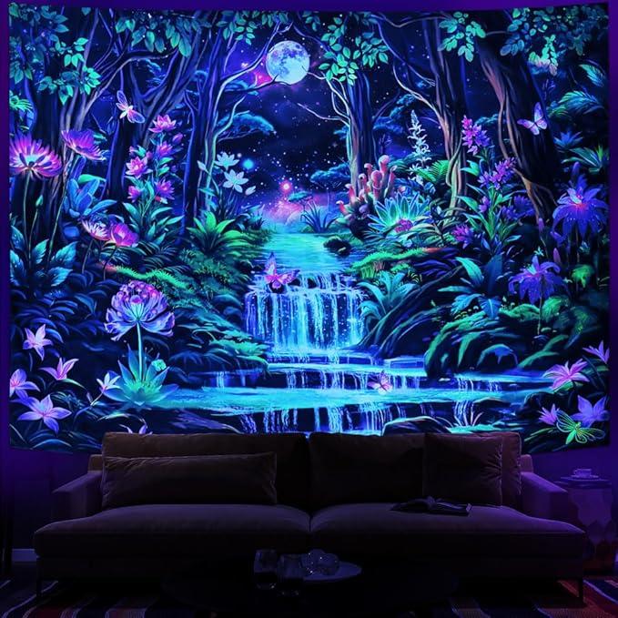 Blacklight Fantasy Forest Tapestry Aesthetic Moon 60*51inTapestry UV Reactive Neon Galaxy Space Wall Tapestry Trippy Plant Floral Tapestry Wall Hanging for Home Decor