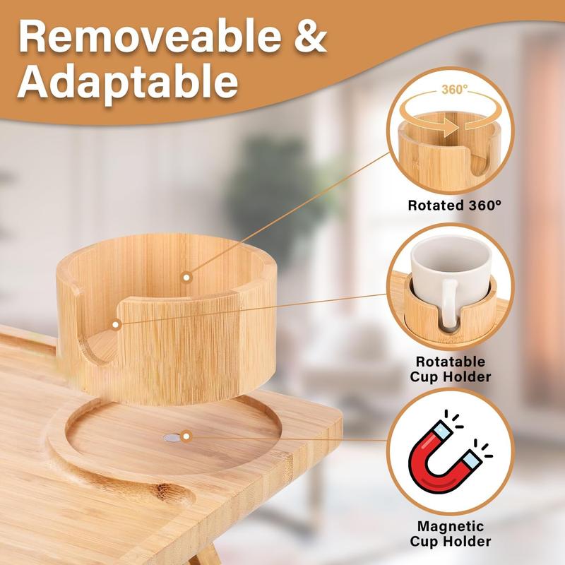 Table - Sofa Arm Tray with 360° Rotating Phone Holder & Cup Holder, Folding Bamboo Side Table- Sofa Armrest Tray Clip on Side Table for Eating, Phone, Remote, Cups (Natural)