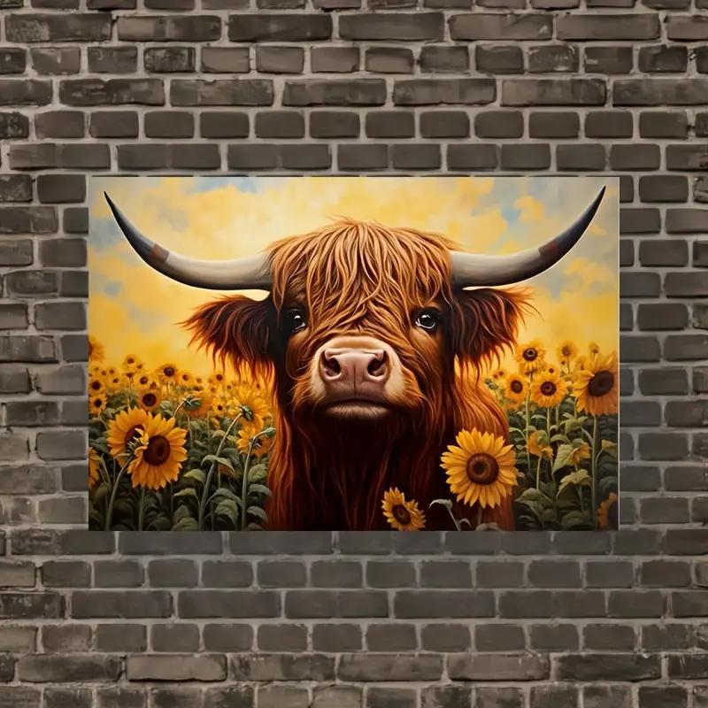 Vibrant Highland Cow & Sunflowers Artwork - Frameless Canvas Print with Warm Colors, Nature-Inspired, Perfect for Living Room, Bedroom, or Home Office Decor, Adds Cozy Touch to Any Space