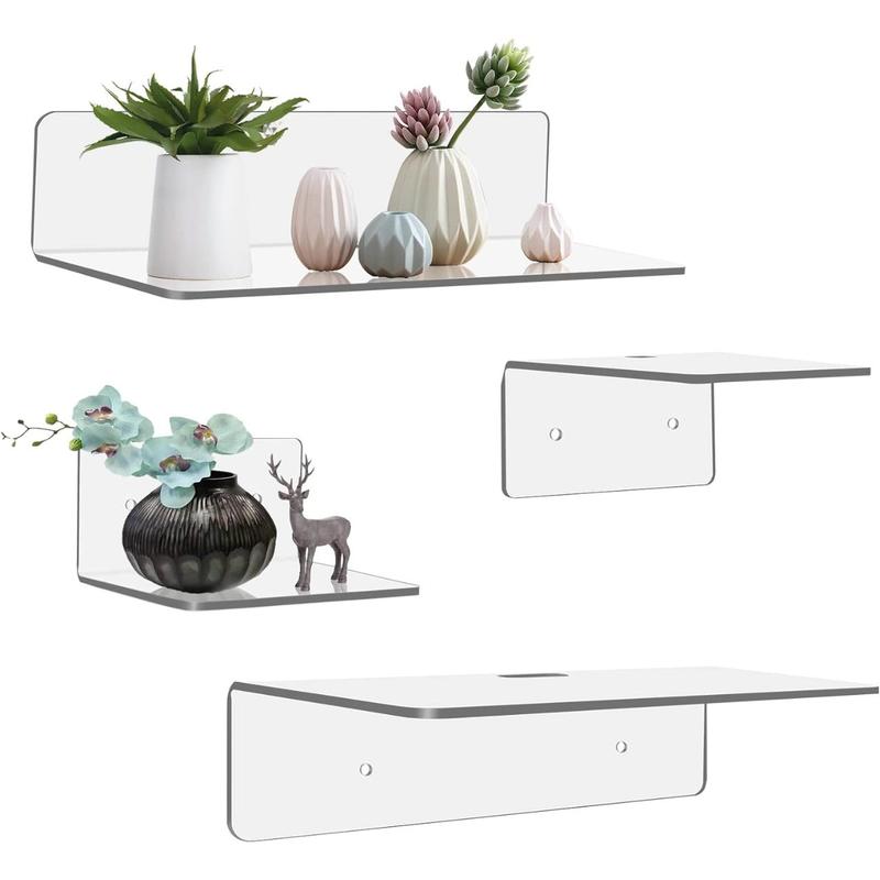 Multi-color Acrylic Floating Shelf for Wall Mounted Set of 4, Small Wall Mounted Clear Shelves with Mounting Kit for Decoration & Storage, Adhesive Shelf for Bathroom, Bedroom, Office,Living Room