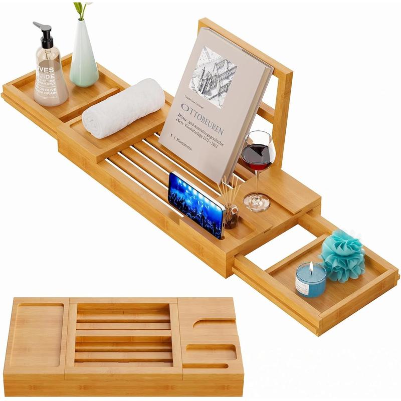 Bamboo Bathtub Tray, Expandable Bathroom Tray, Waterproof Tray Caddy, Perfect Bath Caddy for Home Spa, Gift for Loved Ones, Bamboo