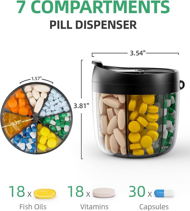 Portable Pill Dispenser Bottle, Vitamin Organizer with 7 Compartments, Holds Plenty of Supplements with Anti-Mixing & Wide Openings Design Oil Tin