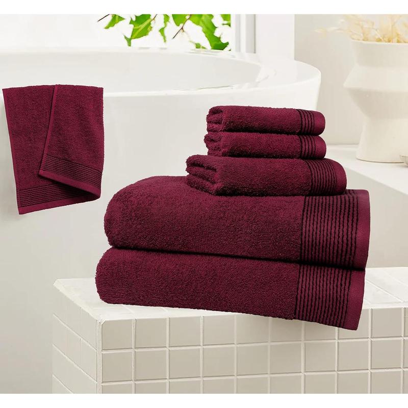 100% Cotton Ultra Soft 6 Pack Towel Set, Contains 2 Bath Towels 28x55 inchs, 2 Hand Towels 16x24 inchs & 2 Washcloths 12x12 inchs, Compact Lightweight & Highly Absorbant - Burgundy