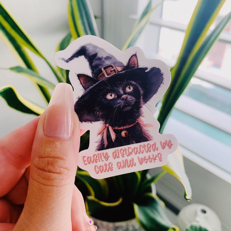 Witchy cat sticker- Easily distracted by books and cats