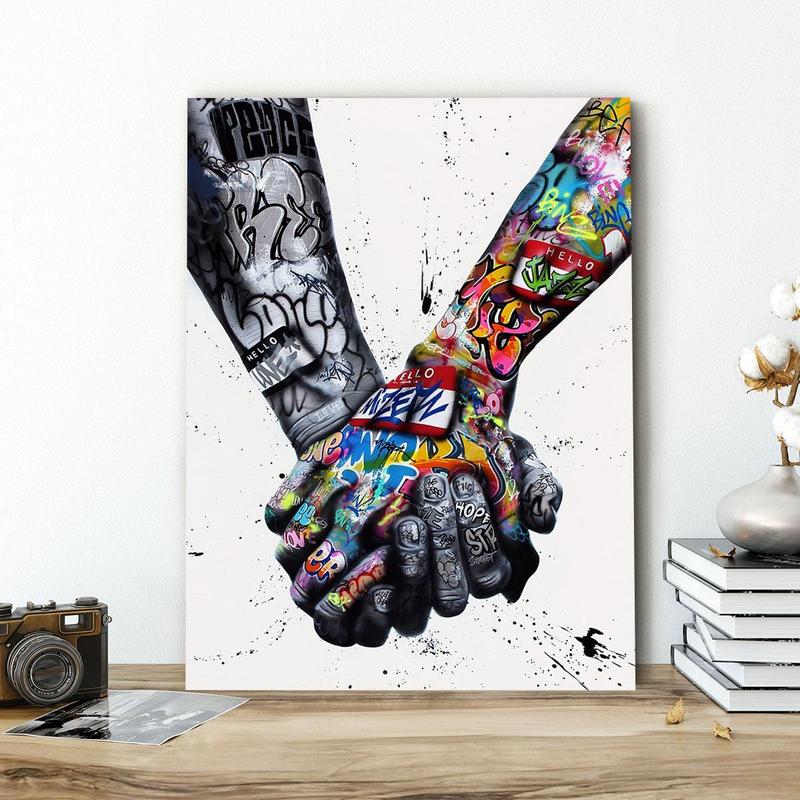 Hand-In-Hand Pattern Canvas Painting Framed, Meaningful Modern Graffiti Art Canvas Poster, Wall Art Decor for Home Living Room Office Bedroom Gallery Dormitory