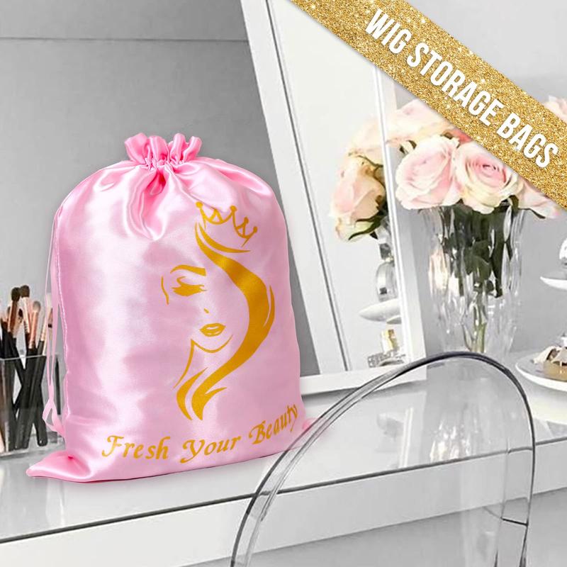 6PCS Satin Wig Bags wig Storage for Multiple Wigs Bags Storage Satin Bags for Wigs Silk Bags with Drawstring Hair Bag Hair Storage Bags for Packaging Wigs, Bundles, Hair Extensions （Pink）