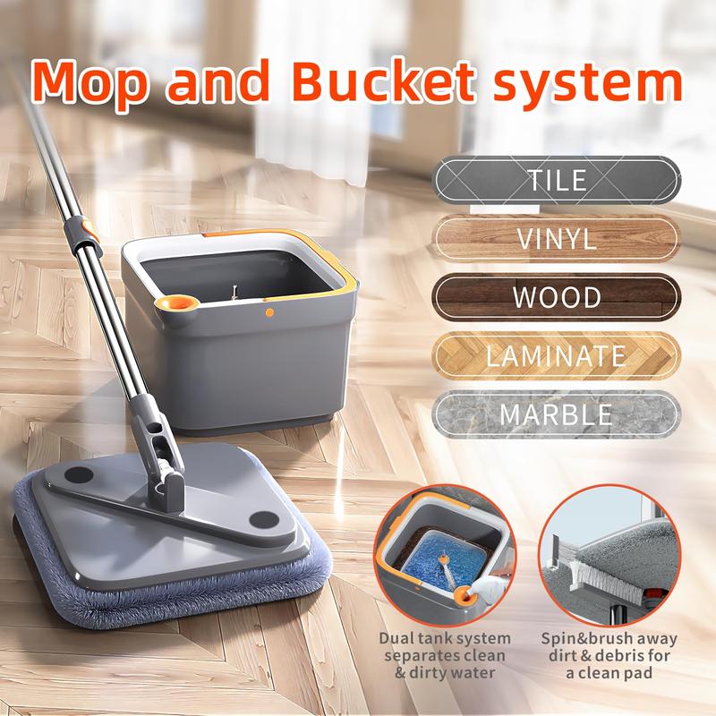 Spinning Mop and Bucket Set with Self-Separating Dirty Water & Clean Water System, Self-Drying 360° Spin Square Mop Head Wardwood Tile Marble Floors,Cleaning Mop after the party,adjustable hand tool,Family House Mom Home