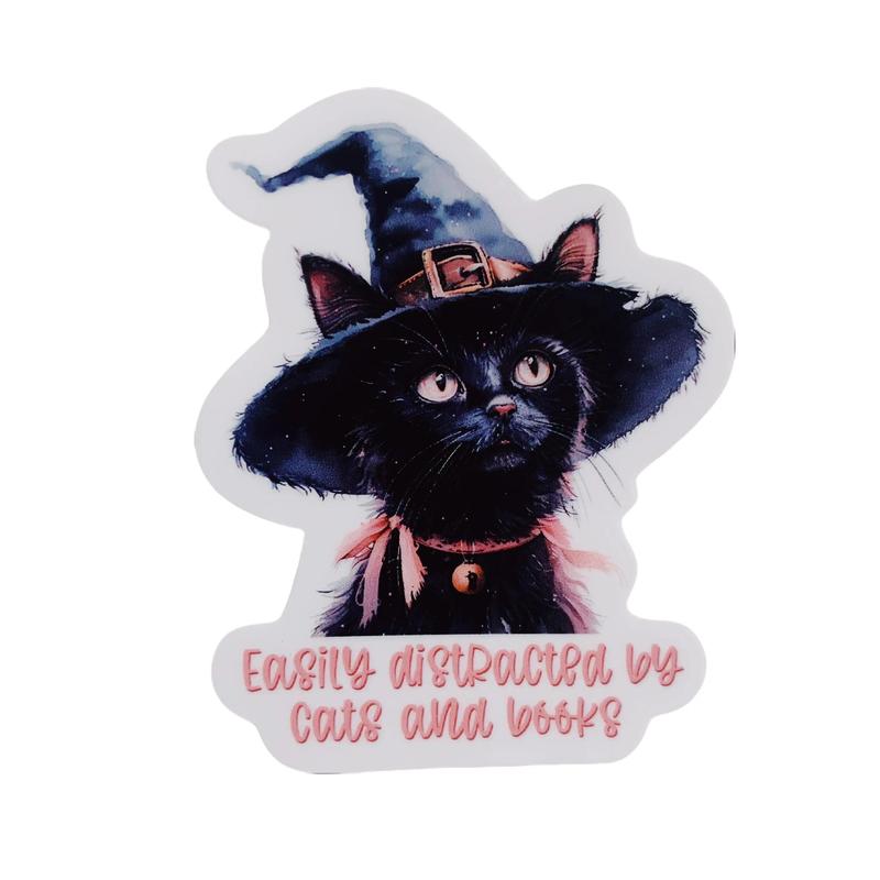 Witchy cat sticker- Easily distracted by books and cats